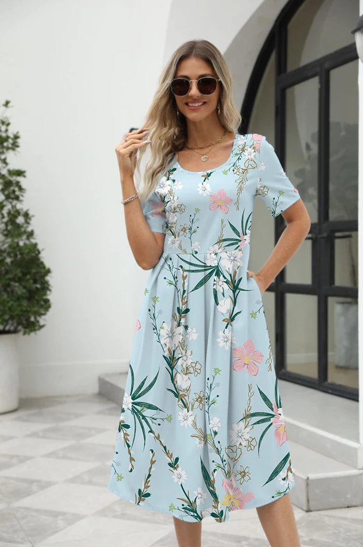 Lina | Elegant floral print Round Neck Dress